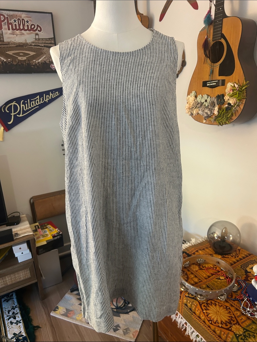 J Crew Sleeveless Vertical Stripe Shift Dress - Navy & White